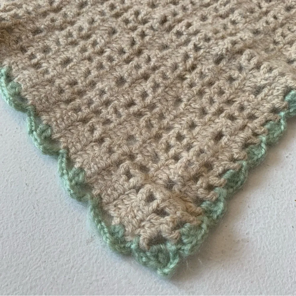 Vintage Handmade Crochet Knit Afghan Throw Blanket Green Cream Tan